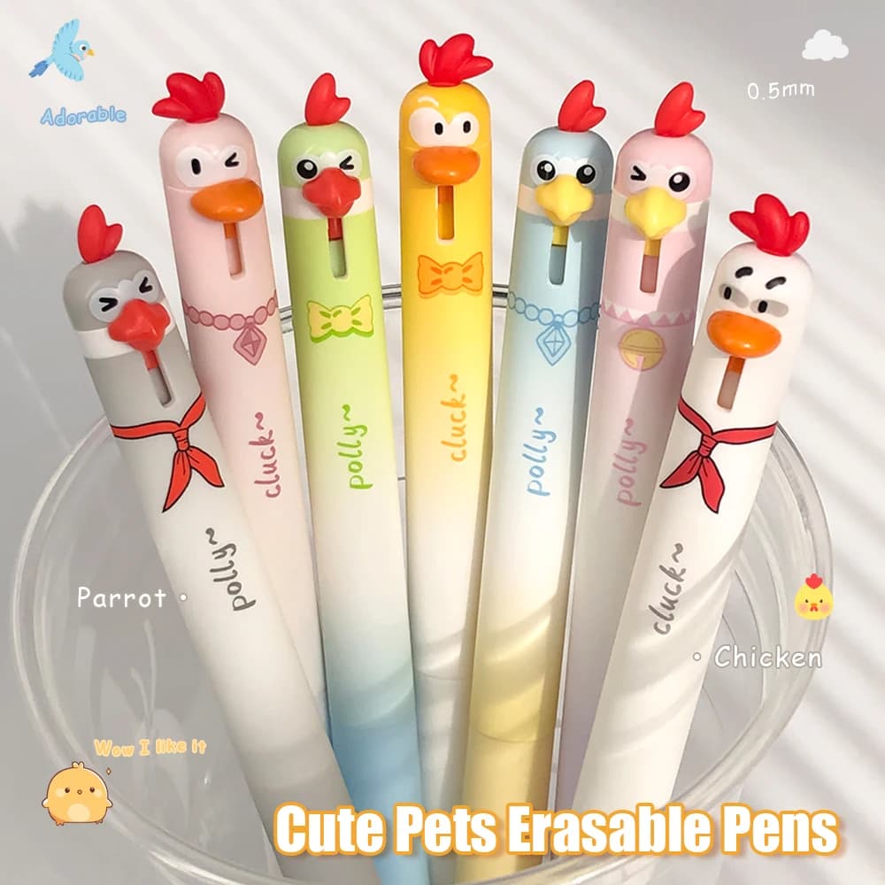 8 Simpatiche Penne Gel Cancellabili a Forma di Pappagallo e Gallina 0.5mm, Penne Minimaliste Divertenti a Tema Animale, Colori Blu e Nero per Studio e Ufficio