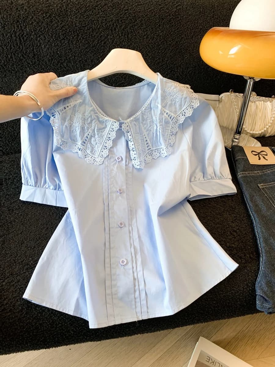 Camicia Chic con Colletto in Pizzo per Donne, Top Estivo in Cotone, Alla Moda, Unica, Elegante e Bellissima