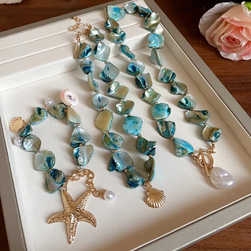 Sea Blue Irregular Starfish Pendant Necklaces for Women Shell Imitation Pearl Choker Necklace Seaside Holiday Collarbone Chain M