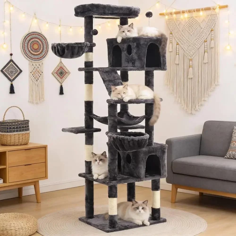 74 Tall Cat Tree Tower with Scratching Posts, Condos, Perches, Hammocks & Toys for Large Adult Cats, Suitable for Multi-Cat Home