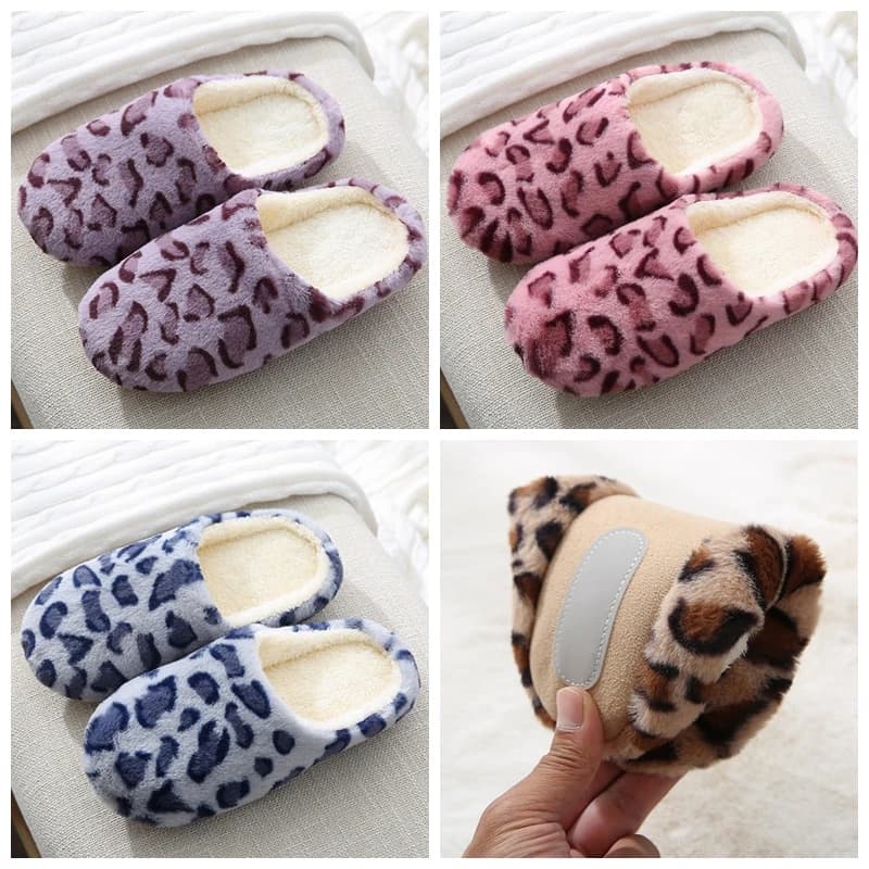 Home Slippers with Leopard Print for Men and Women, Footwear and Soft Furs for Winter, Antiskid for Interior, Bedroom Shoes for Couples