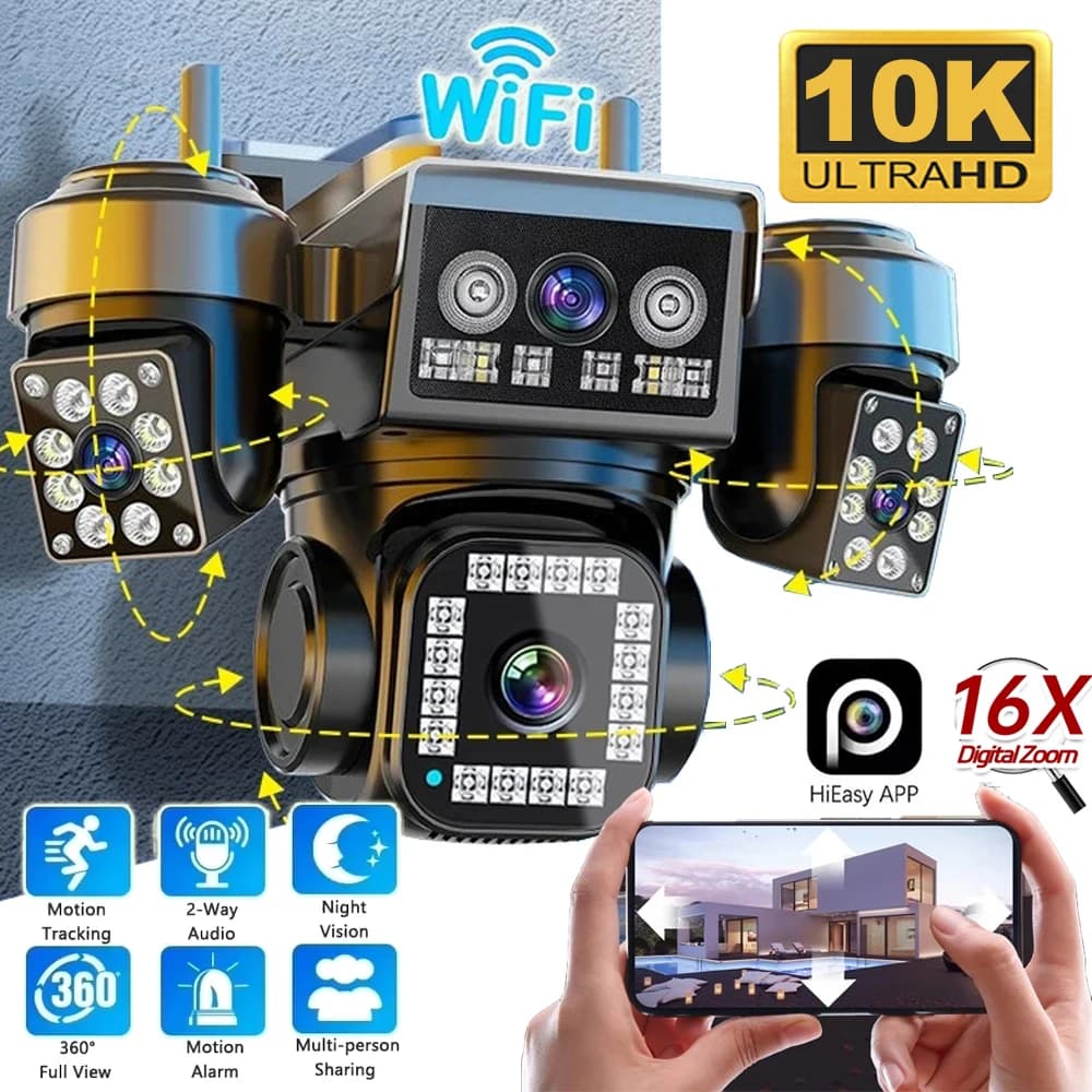 Telecamera di Sicurezza WiFi 360° con 4 Lenti, 4 Schermi, 10K 20MP ° Telecamera di Sorveglianza PTZ con Zoom 16X, Impermeabile IP66 per Esterni, Strade e Casa