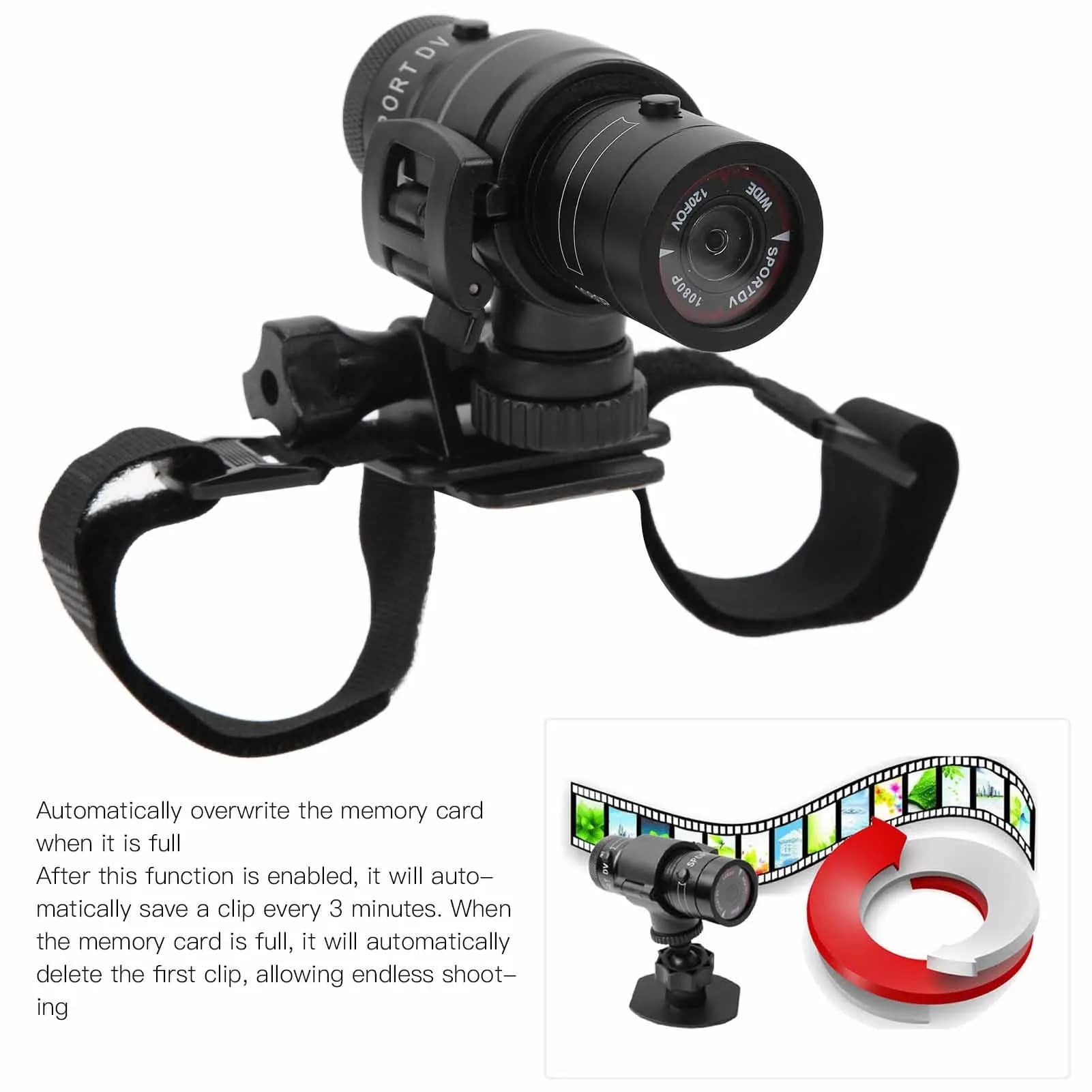 Telecamera sportiva impermeabile per casco da bici, di piccole dimensioni e portatile, a lunga durata 120 ° Registratore Video per Auto ad Angolo Ampio Full HD 1080p