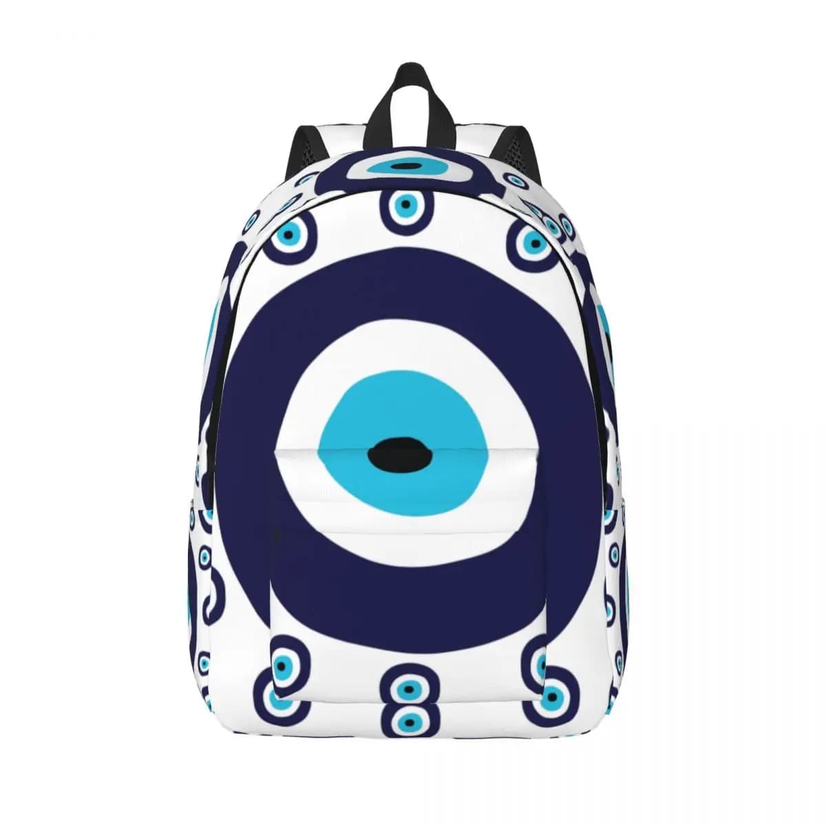 Custom Navy Blue And Aqua Nazar Evil Eye Lucky Charm Canvas Backpack Women Men Bookbag for School College Amulet Boho Bags