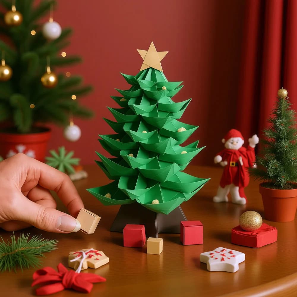 DIY Christmas Tree Origami Kit Handmade Paper Craft Set Holiday Decoration Gift for Kids and Adults Desktop Table Ornament