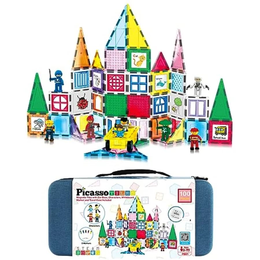 Set di costruzioni con mattoncini magnetici per uso domestico e scolastico, plastica ABS, bianco e colori primari, 100 pezzi con custodia per il trasporto.