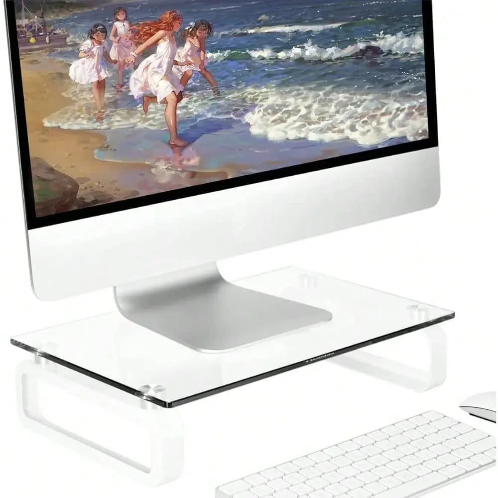 Computer Monitor Stand Riser Multi Media Desktop Stand For Flat Screen LCD LED TV, Laptop Notebook, With Tempered Glass And Met