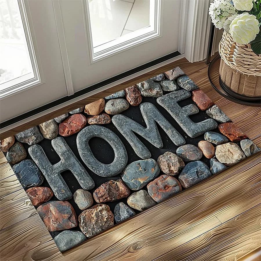 Entrance mat with stone pattern, anti slip mat with pebbles effect for door, entrance, kitchen, interior and exterior