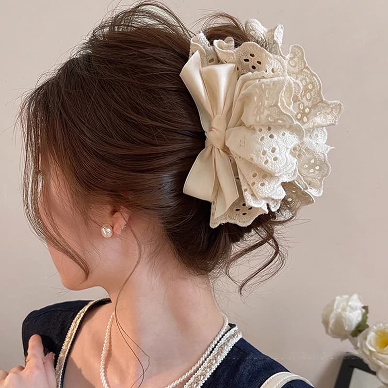 Fermaglio per Capelli a Forma di Fiocco in Pizzo Stile Francese, Accessorio per Capelli da Donna