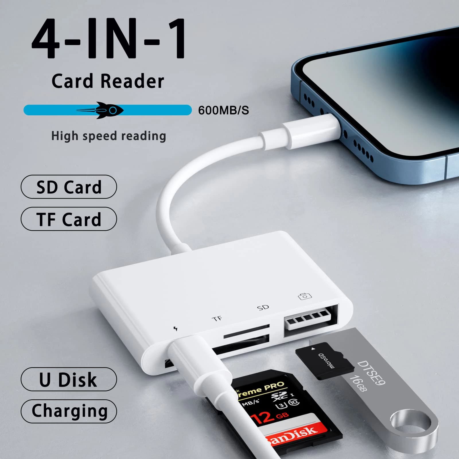 Lettore di schede USB 4 in 1 Scheda SD/TF per iPhone 14 13 12 11 Pro Max Porta di ricarica rapida Lightning per adattatore MacBook per fotocamera iPad