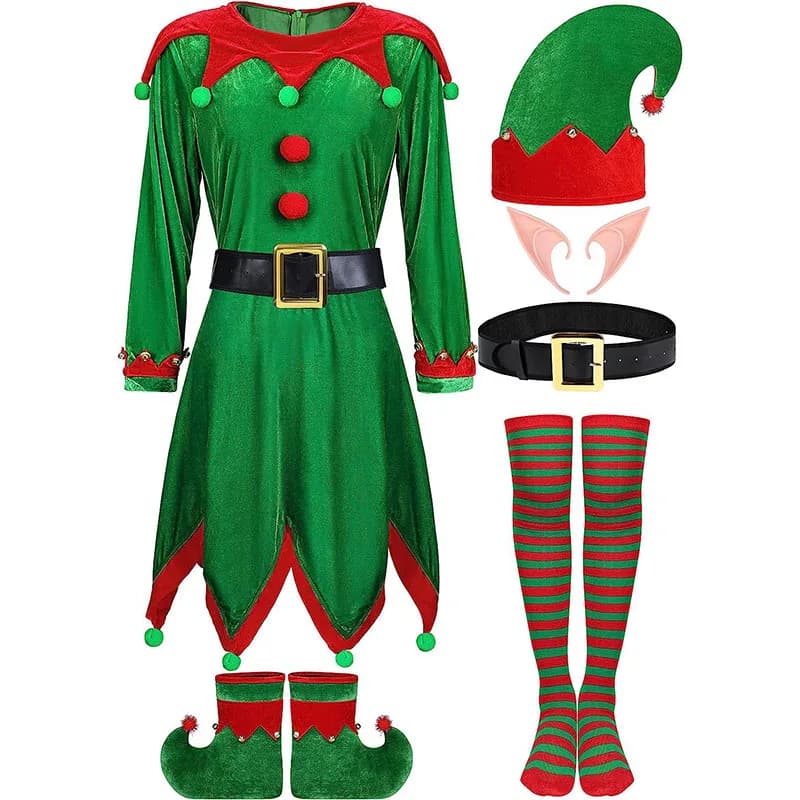 Costume cosplay da elfo di Natale Abito verde con copristivali per cappello Costume divertente Set di vestiti per feste di Capodanno