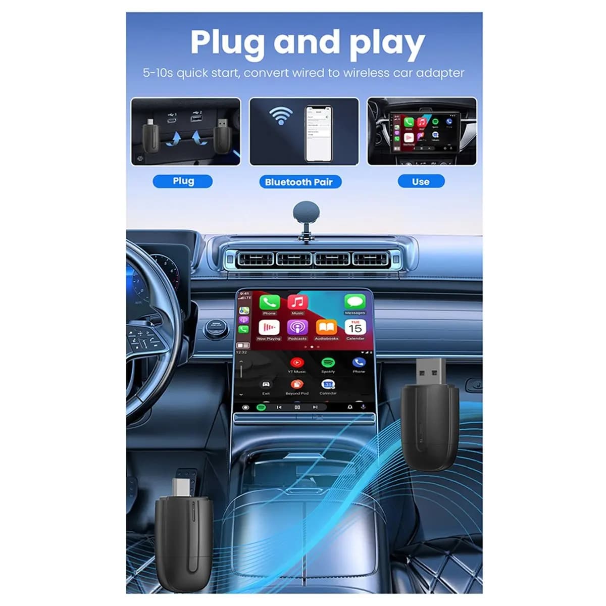 N86R Wireless CarPlay Android Auto Adapter 5Ghz WiFi Type-C/USB Plug and Play 2in1 Dongle for