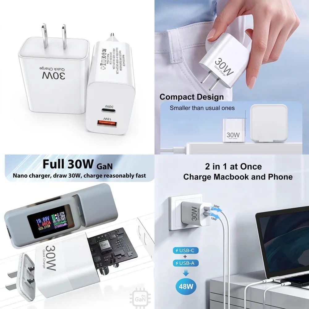 30W PD QC Fast Charger Travel US EU Plug Dual Port Safe Charging for iPhone 17 16 15 Pro Max Samsung S26 S25 S24 Ultra Google