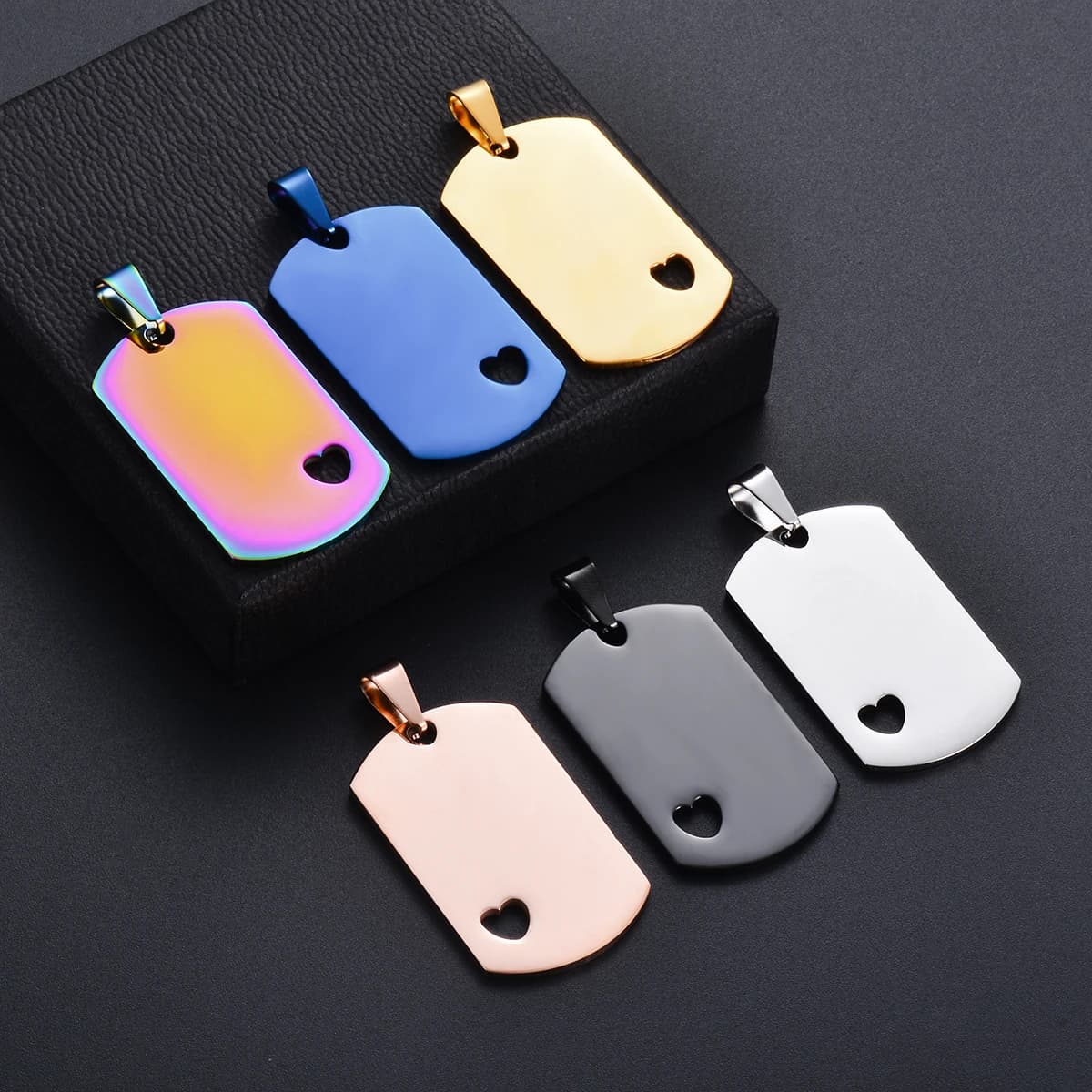 10Pcs Stainless Steel Blank Rectangle Tag with Heart Military Army ID Tag Pendant for Making Necklace Keychain Accessories