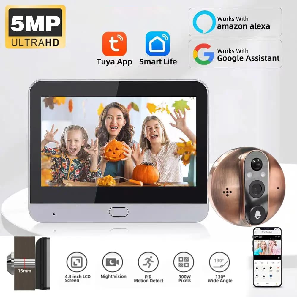 Campanello WiFi Tuya SmartLife 5MP 2K HD con Spioncino, Rilevamento PIR, Visione Notturna e Telecamera Digitale