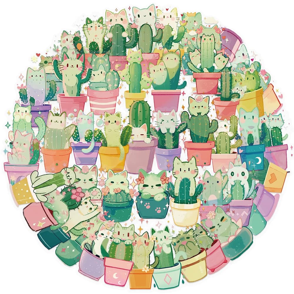 10/30/50 Pezzi Adesivi Creativi a Forma di Gatto e Cactus, Trasparenti e Impermeabili in PET, per Notebook, Bottiglie d'Acqua, Telefoni, Giocattoli