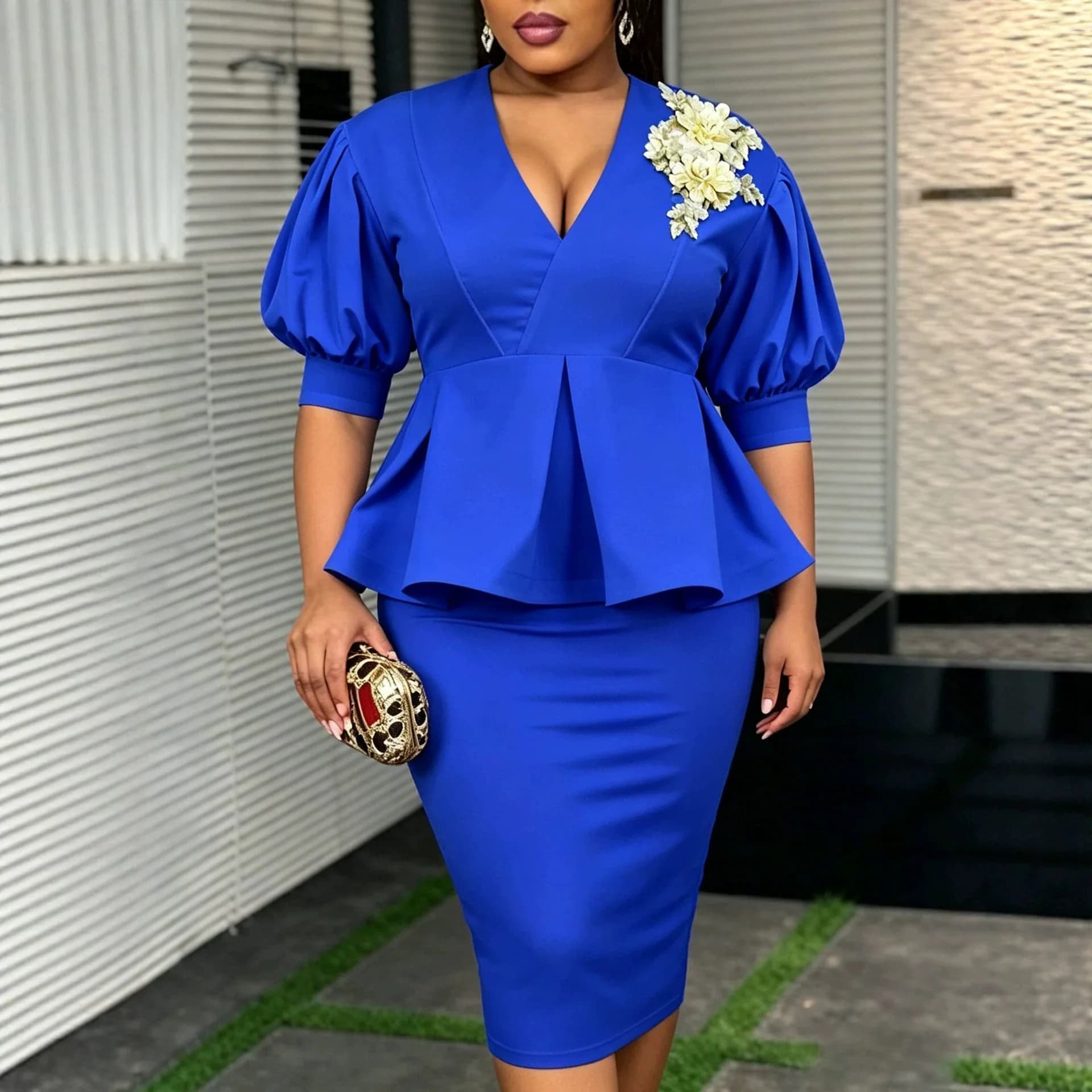 Africa Clothing Women Two Piece Set Puff Sleeves Floral Appliques Tops Pencil Skirts Suit Formal Occasions Wedding Guest