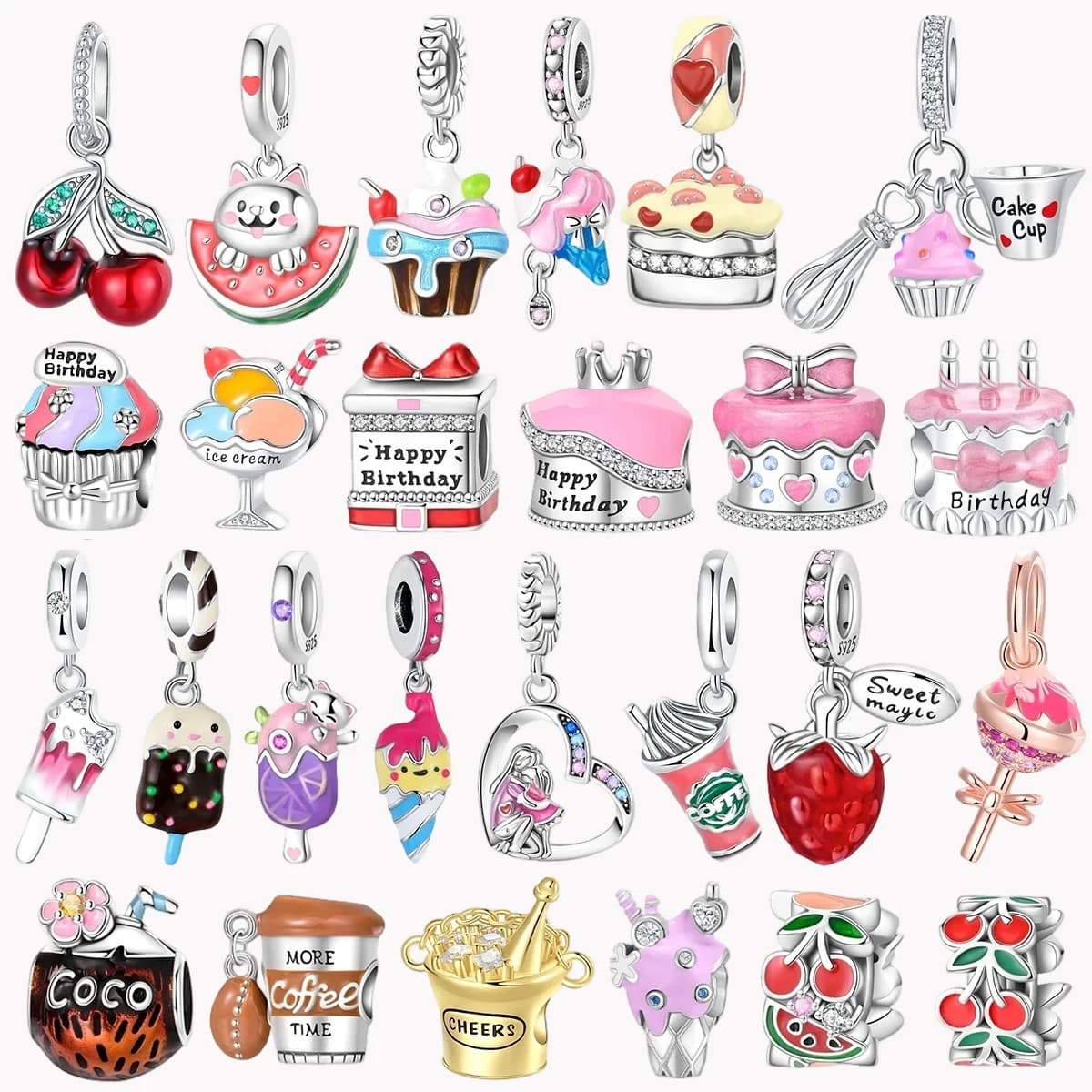 Simpatici ciondoli per torta di compleanno in argento sterling 925 con frutta, gelato, caramelle, pendenti, perline per collane originali, bracciali fai da te, gioielli