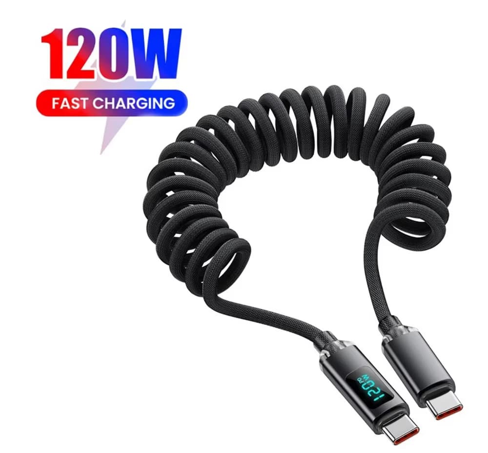 Cavo di ricarica rapida USB-C a Type-C retrattile da 120W con display digitale per auto, compatibile con iPhone 17 16 15 Pro Max Xiaomi