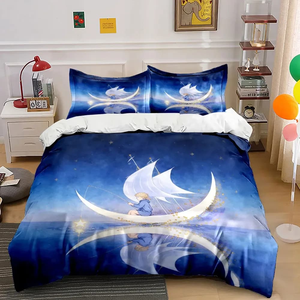 Set di biancheria da letto Dreamy Moonlit Sailing Decor, morbido e confortevole, include 1 copripiumino e 2 federe, regalo
