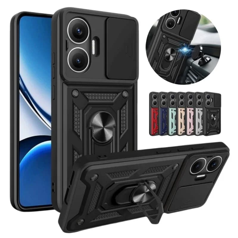 Custodia antiurto con protezione scorrevole per fotocamera e anello di supporto per Xiaomi Poco F7 5G