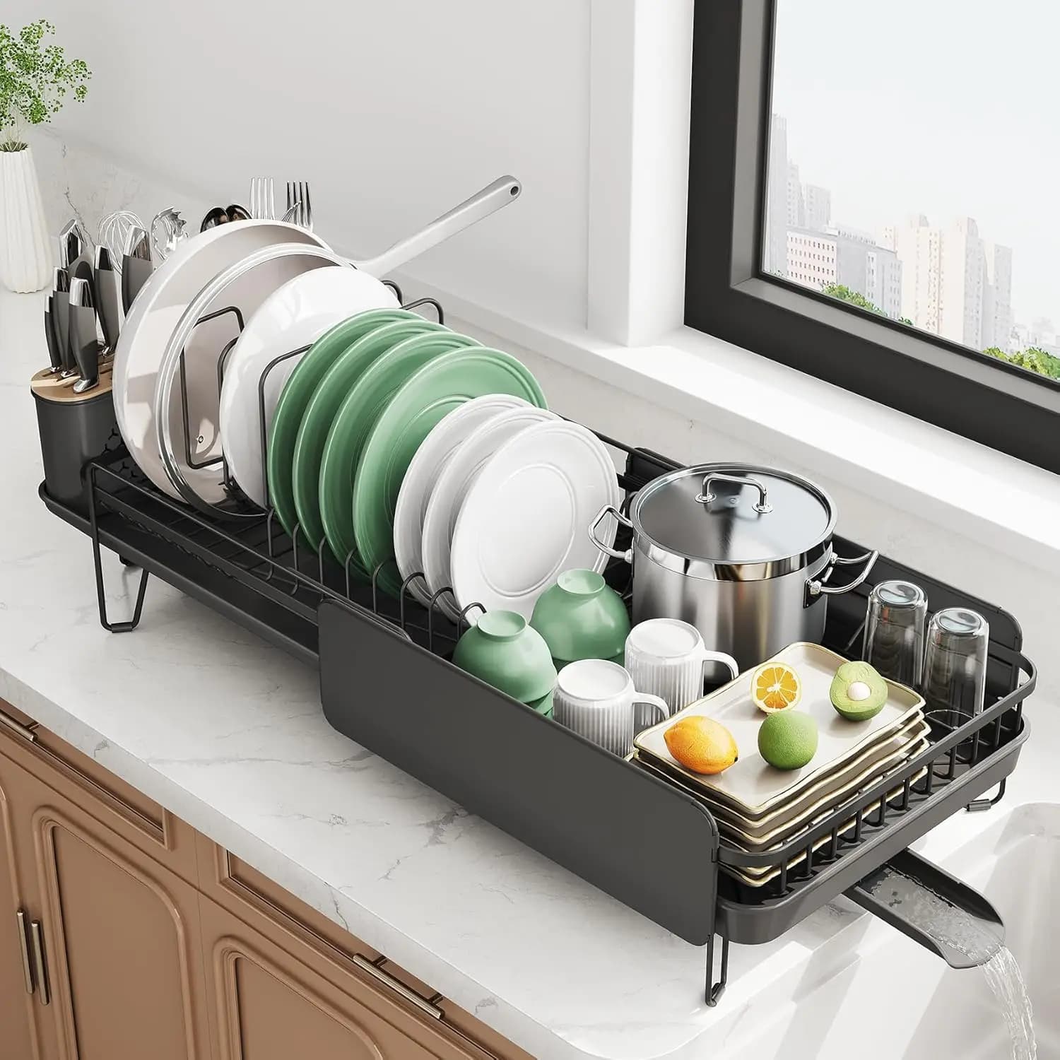 Expandable Stainless Steel Dish Rack 19.3"-29.4"L, Rotating Spout, Pan & Cutting Board Dividers, Black