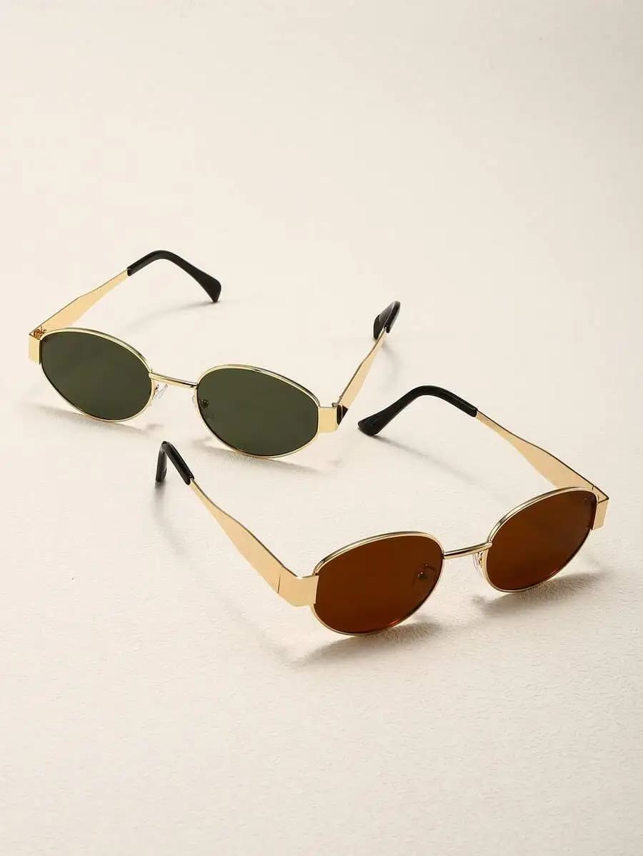 2 Pcs Metal Frame Oval Retro Fashion Sunglasses For Women Casual Travel Beach