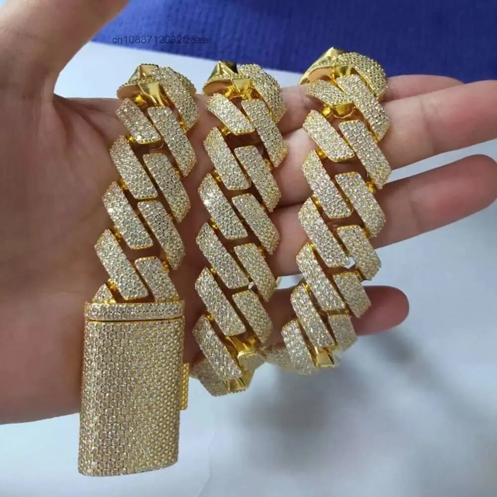 Luxury Factory Wholesale Custom 20mm 3 Rows Vvs Moissanite Cuban Link Chain Bracelet 925 Silver Men Hip Hop Cuban Chain Necklace