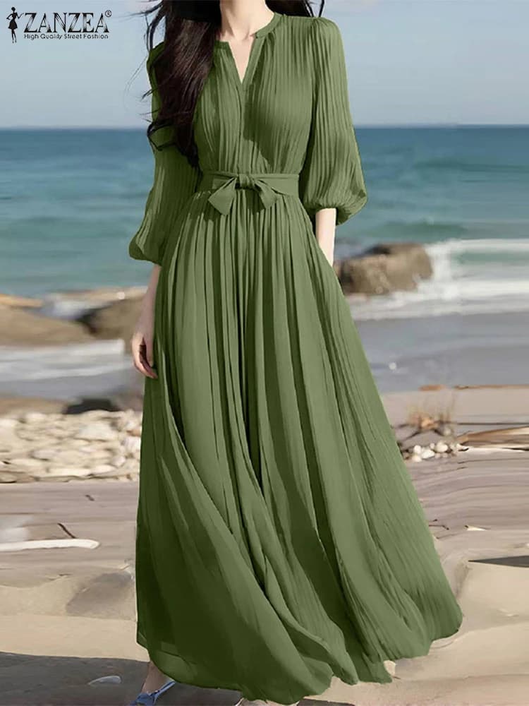 Vestito estivo lungo estivo ZANZEA 2025 Elegante abito maxi pieghettato Donna Manica 3/4 Solido scollo a V Cintura Casual Allentato Abiti da festa Robe