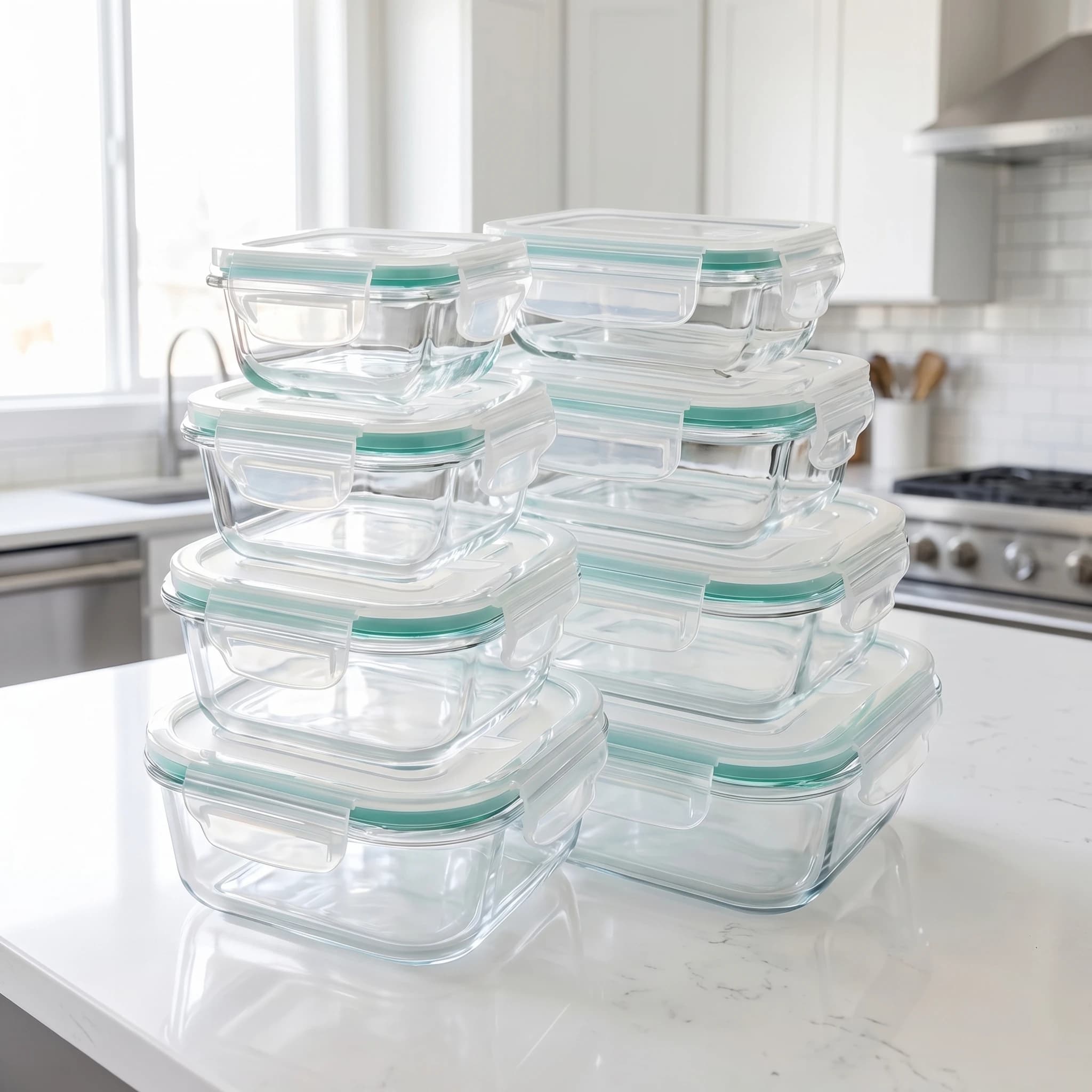Un set di 8 contenitori per alimenti, scatole di vetro per la conservazione, adatte alla refrigerazione, e contenitori per frutta.
