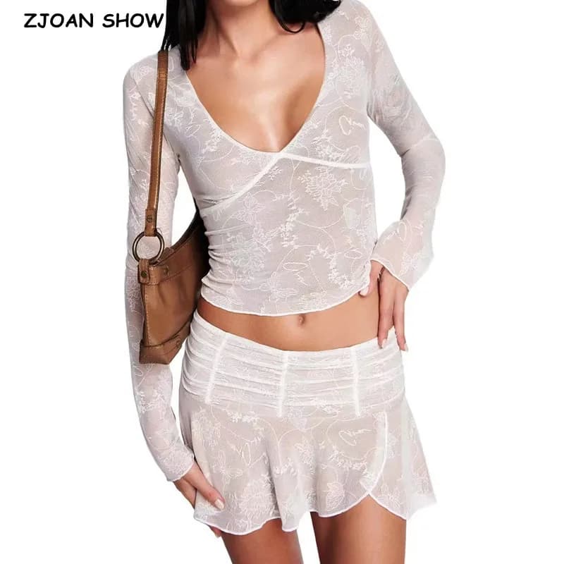 Sexy Deep V Collar prospettiva pizzo manica intera Tee Crop Top + vita bassa orlo Ruffles fessura minigonna asimmetrica 2 pezzi 1 set