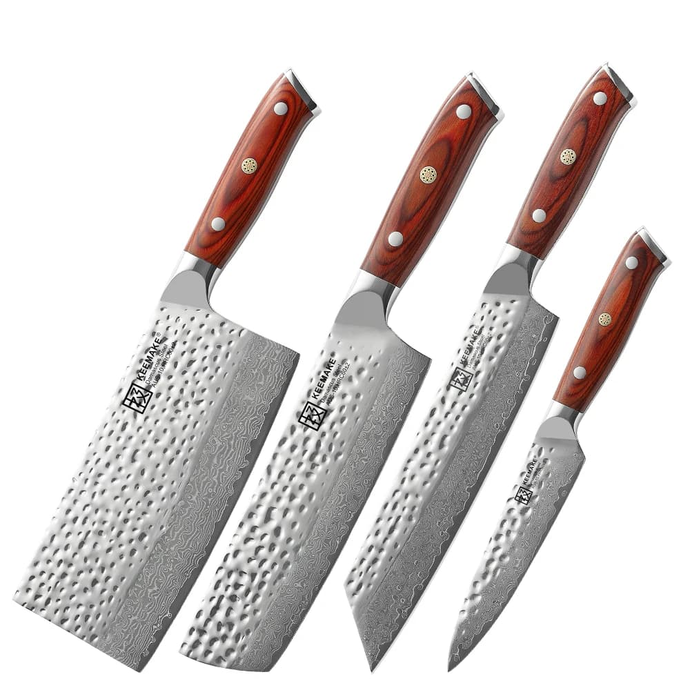 Coltelli da Chef KEEMAKE 1-4 Pezzi/Set, Ultra Affilati in Acciaio Damasco, Coltello da Cucina Giapponese, Utensili da Taglio Kiritsuke e Coltello da Macellaio