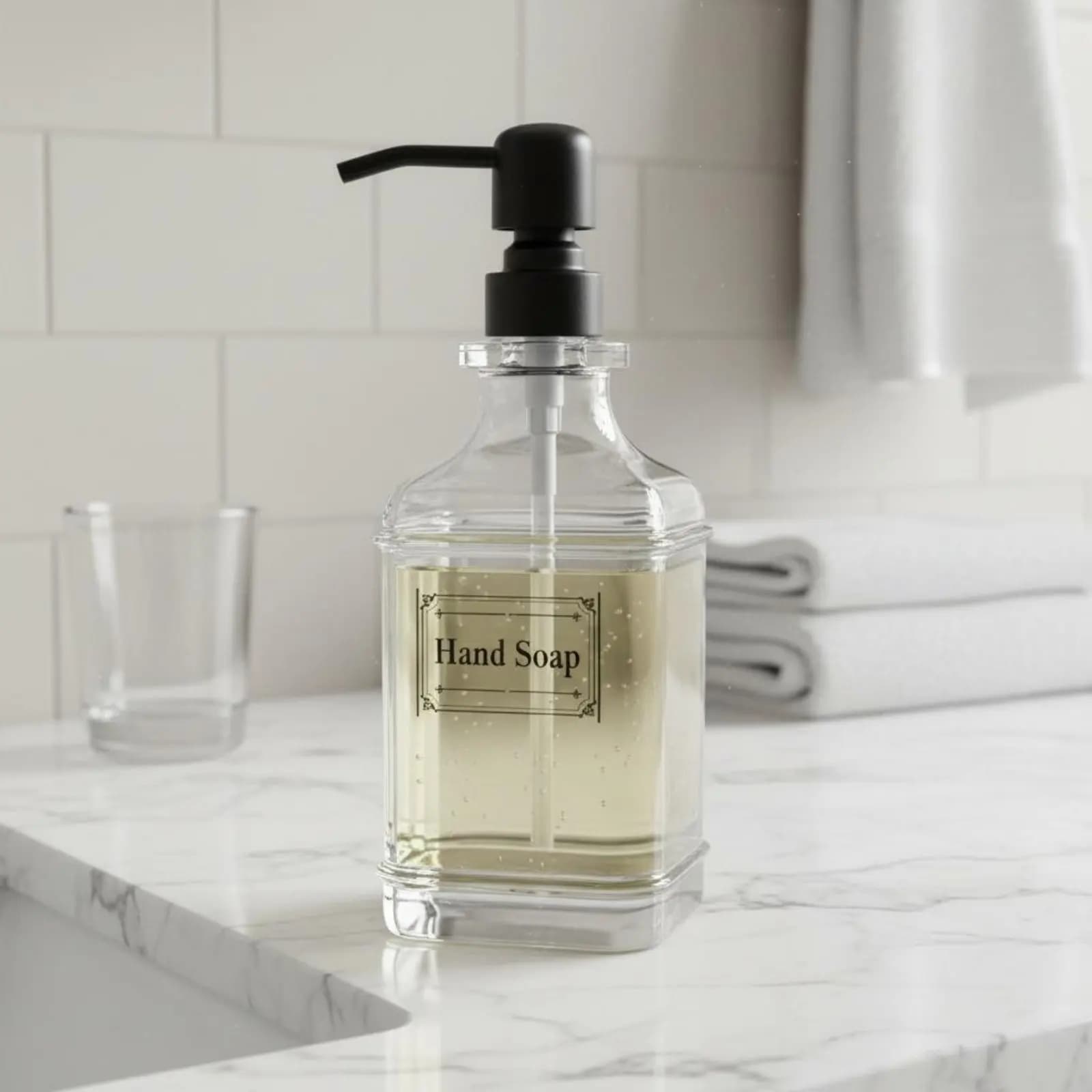 Dispenser di Sapone in Vetro Quadrato Ricaricabile, Accessorio per Bagno con Adesivi Impermeabili Inclusi per Cucina