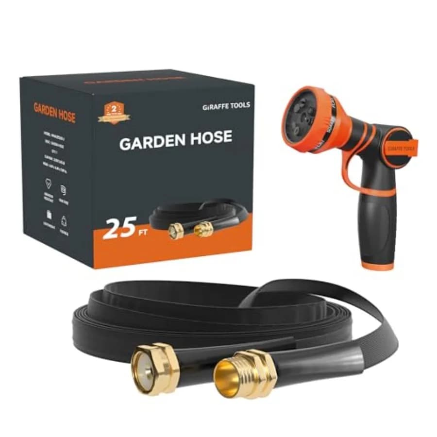 Garden Hose 25FT Lightweight Lay Flat Water Hose Kink Free Flexible Hose with 9 Spray Function Nozzle, Black