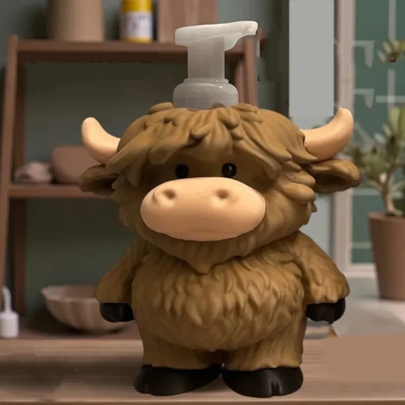 Dispenser di Sapone a Forma di Figurina B08B - Accessorio da Bagno Creativo in Resina 3D a Forma di Mucca delle Highlands