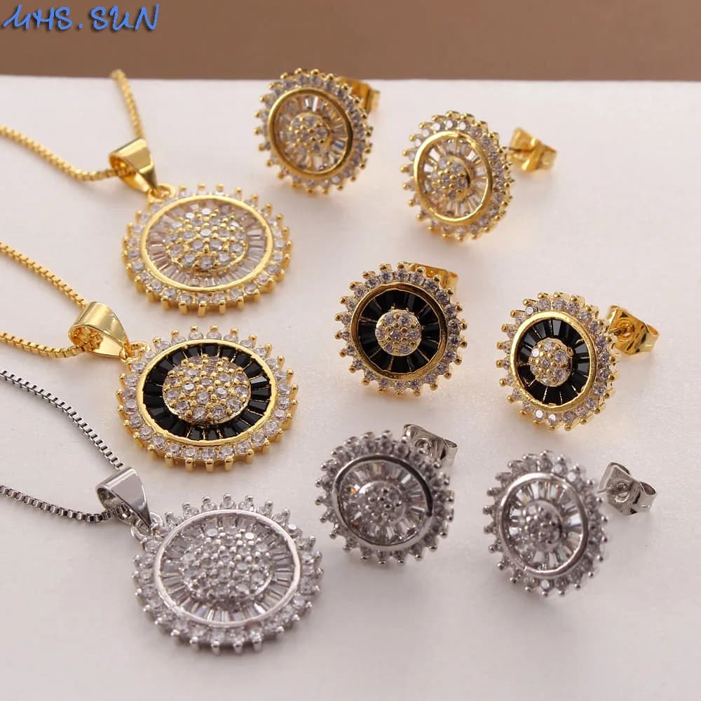 SUNSLL Collana con ciondolo rotondo a catena e set di gioielli con orecchini, accessori alla moda con zirconi CZ per donne e ragazze, regalo per feste