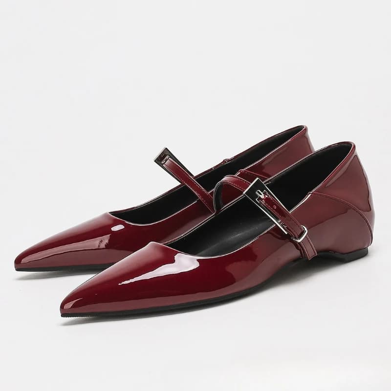 Mary Jane Shoes with Luxury Patent Leather Low Heel Women's Shoes with Fashionable Metal Buckle Design High Heels Pointed Wedding Shoes