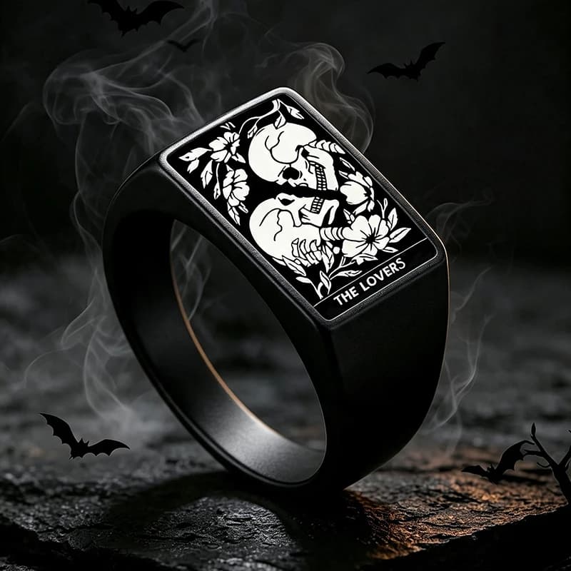 Matte Black Tarot Card Square Signet Ring Engraved Skull Pattern Stainless Steel Gothic Fashion Ring