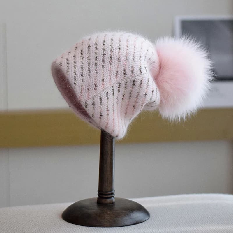 Cappello inverno donna Angora Knit Beanie vera pelliccia pompon autunno caldo accessorio da sci per lo sport all'aperto