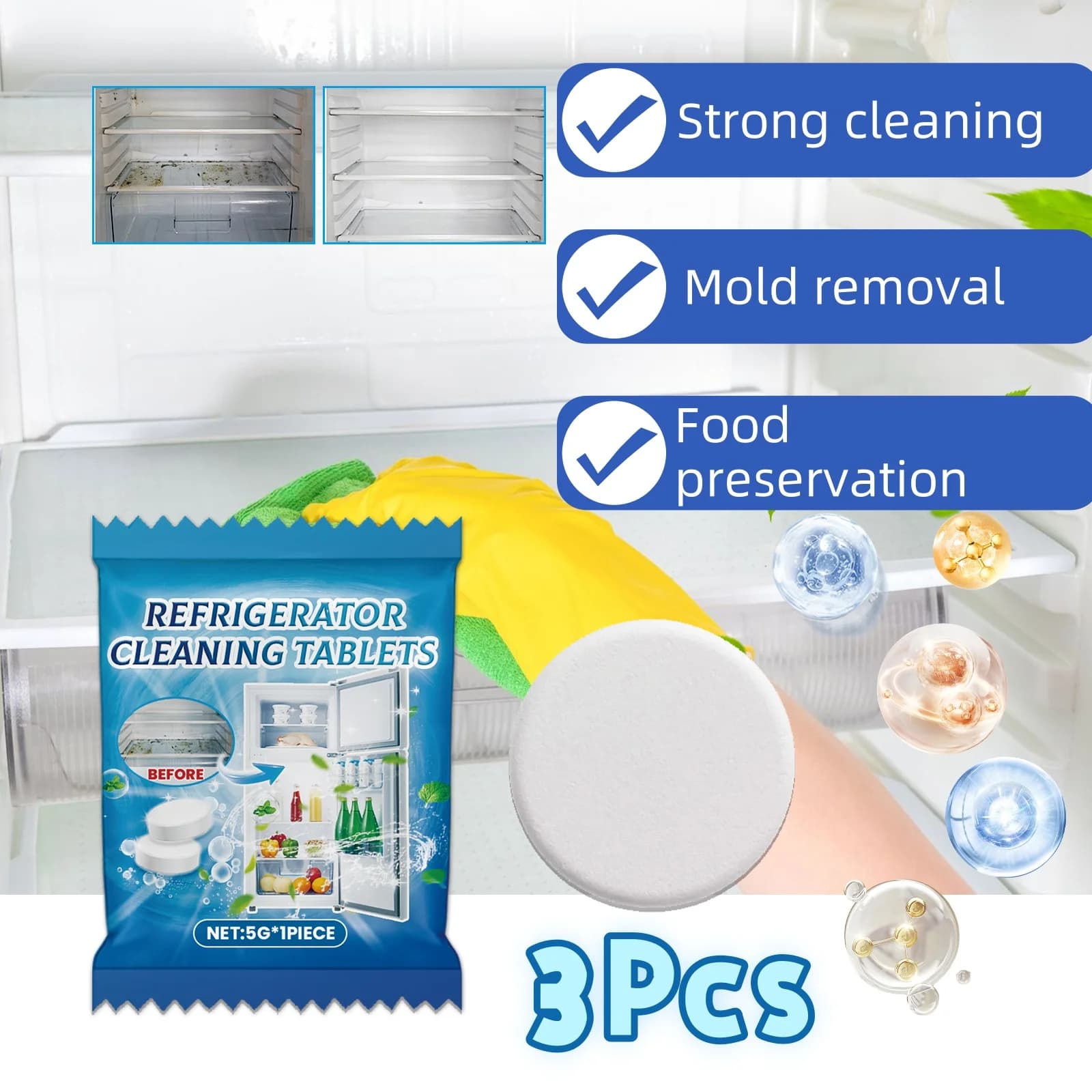 3 pezzi deodorante per frigorifero frigorifero olio assorbente detergente per sporco frigorifero purificatore d'aria compresse per la pulizia della cucina