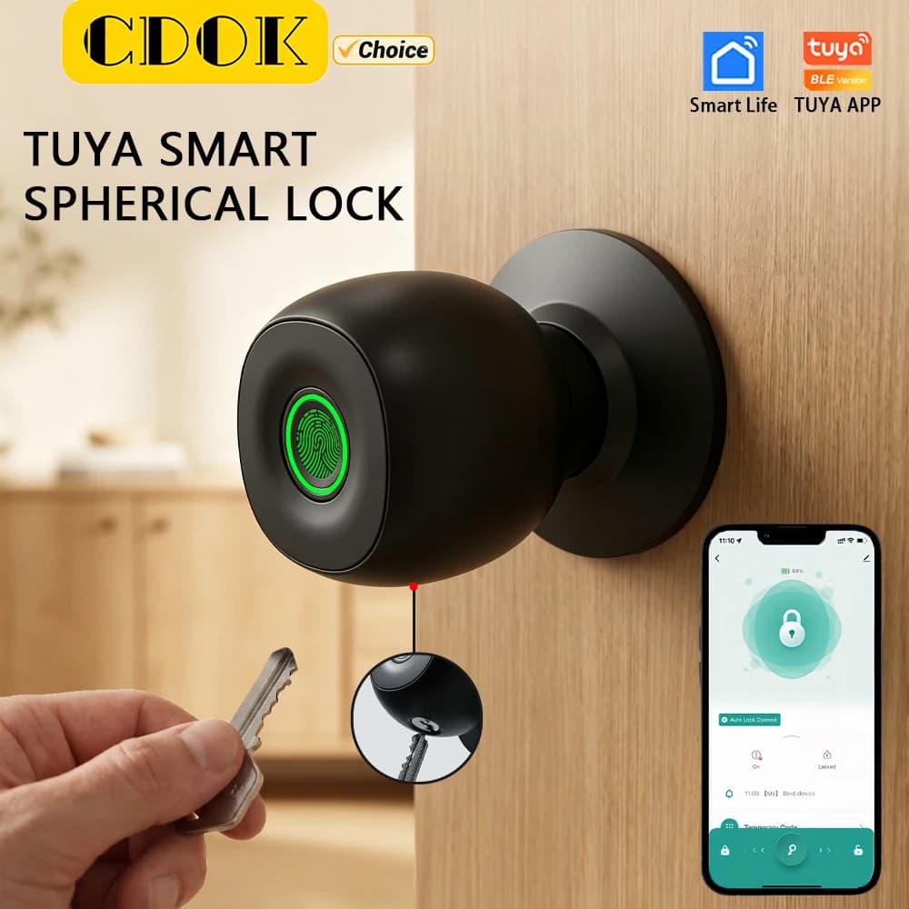 Serratura Intelligente CDOK Q2, Serratura a Sfera, Serratura per Porta Camera da Letto, Versione Tuya, APP, Impronta Digitale, Sblocco con Chiave, Gateway Opzionale
