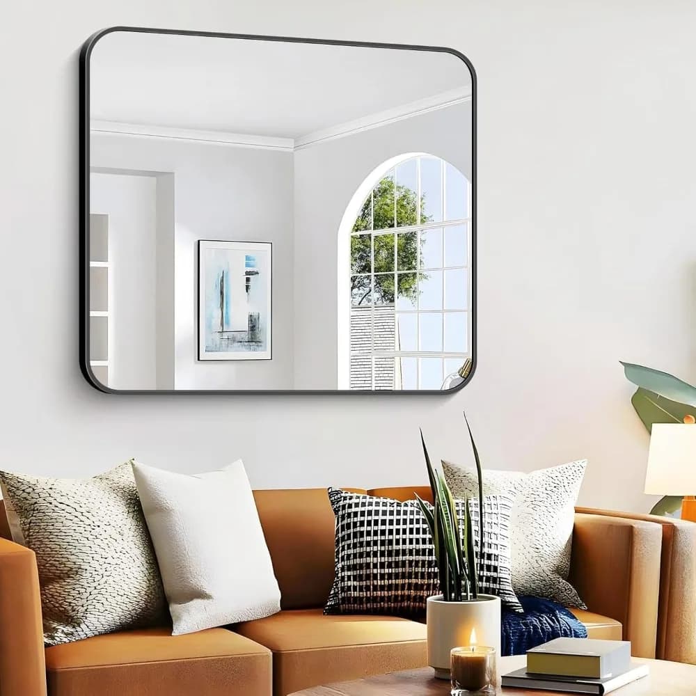 Specchio da bagno, specchio da parete rettangolare nero 48 x 40 pollici, specchio cosmetico rettangolare con struttura in metallo, montaggio a parete ad angolo arrotondato
