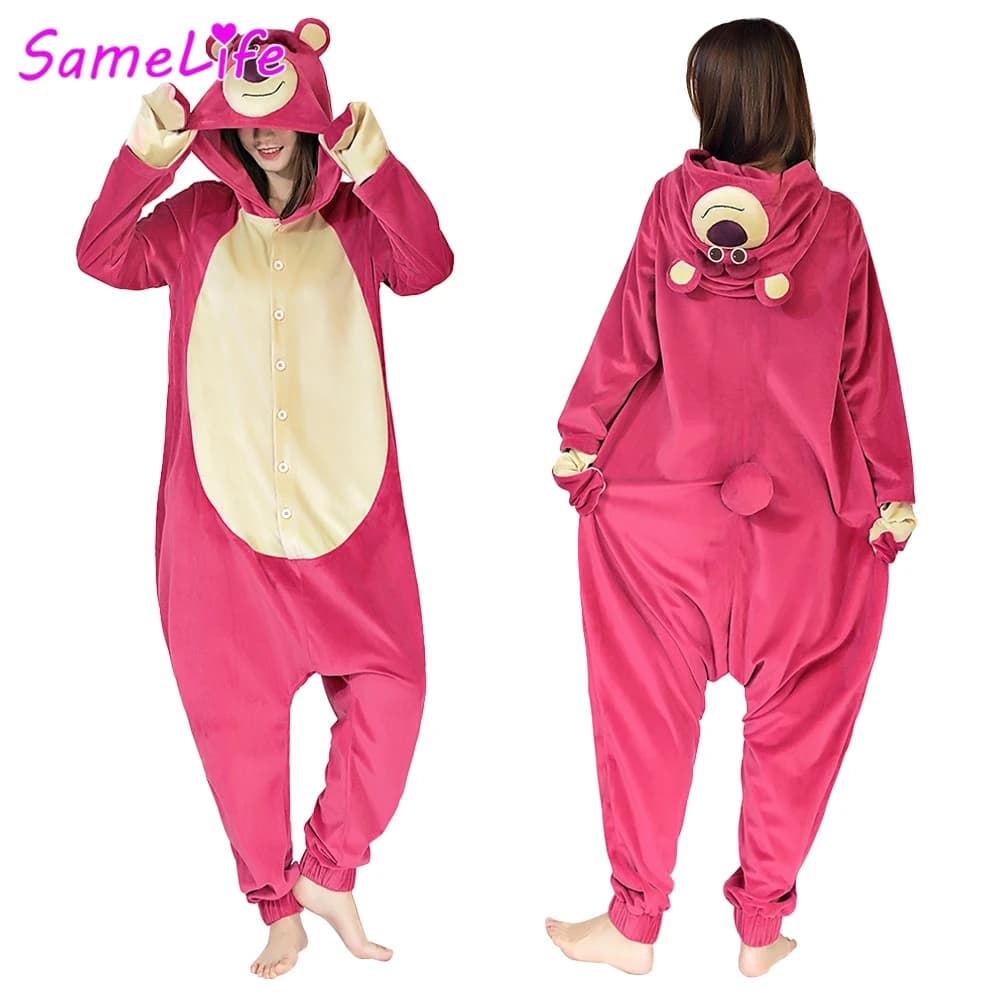 Orso rosa fragola Cosplay Fantasia Pigiama di flanella Indumenti da notte Costume da cartone animato Travestimento Halloween Donna Gioco di ruolo Abiti da festa