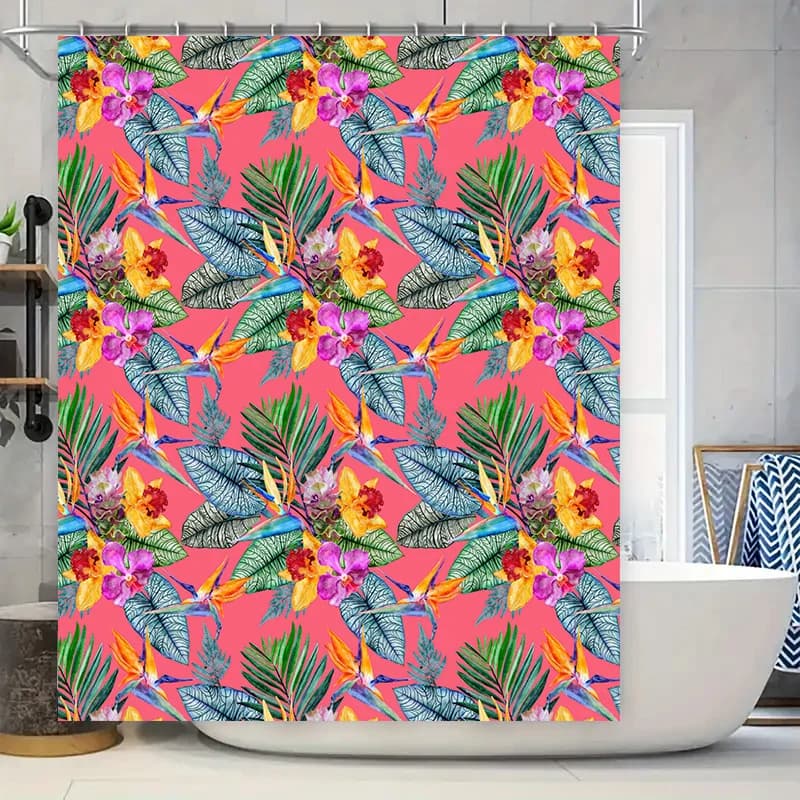 Tenda da doccia con fiori di uccelli tropicali, decorazione da bagno impermeabile floreale rosa per bagno, stampa ad acquerello lunga 180 cm nel giardino domestico