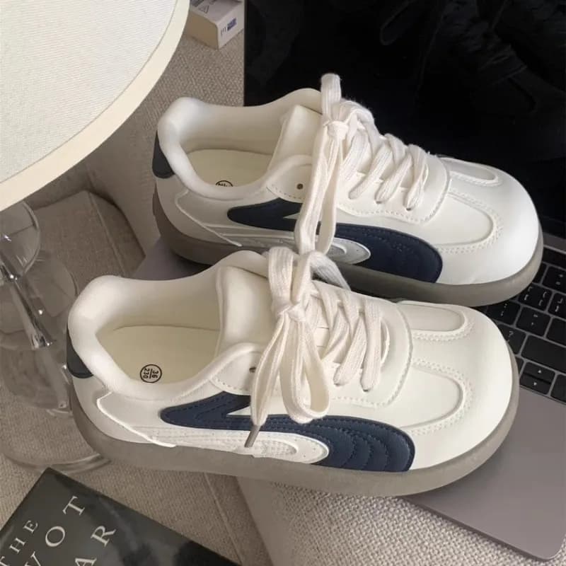 Vintage Women Chunky Sneakers White Navy Splicing Lace‑Up Thick Bottom Casual Sports Shoes Comfortable Daily Walking Footwear