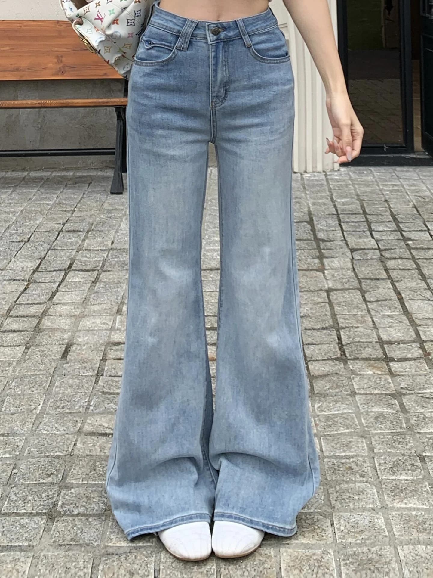 Jeans Slimming Micro-flared da donna, pantaloni a gamba dritta larghi primaverili/estivi, stile casual, vita naturale, in cotone con cerniera