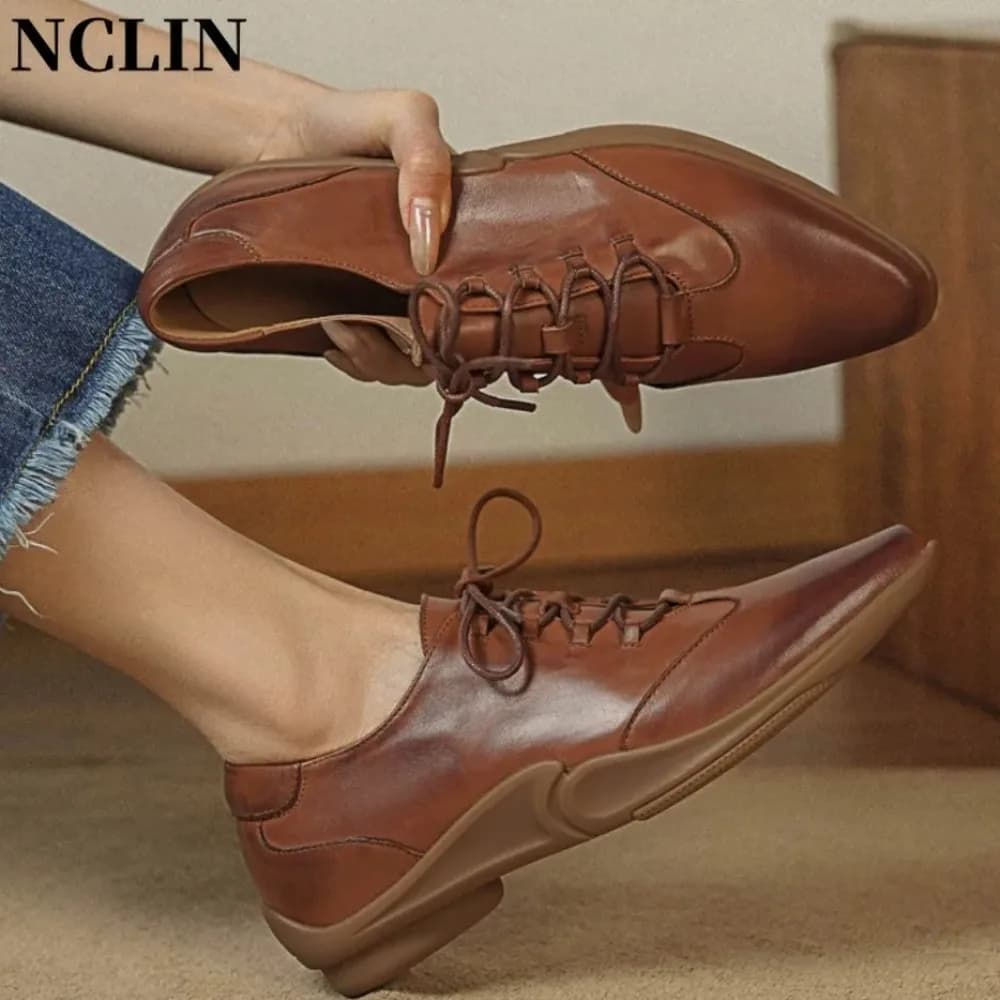 Genuine Leather Flats Shoes Women Spring Autumn Elegant Black Slip-on Shoes Ladies Shallow Pointed Toe Casual Streetwear Loafers