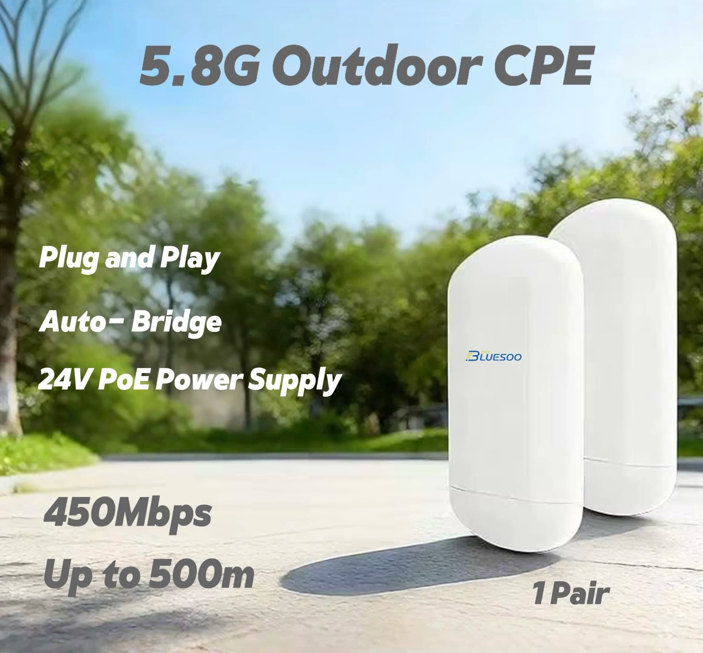 BluesooTech 5.8G 450Mbps Punto di accesso al ponte CPE esterno 5.8Ghz 500m-1KM Extender a lungo raggio Ripetitore WiFi Ponte Wi-Fi PTP PTMP