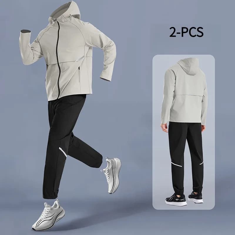 Set da corsa da uomo in 2 pezzi, felpa con cappuccio ad asciugatura rapida e pantaloni lunghi, traspiranti, assorbi-sudore, giacca sportiva per abbigliamento sportivo.