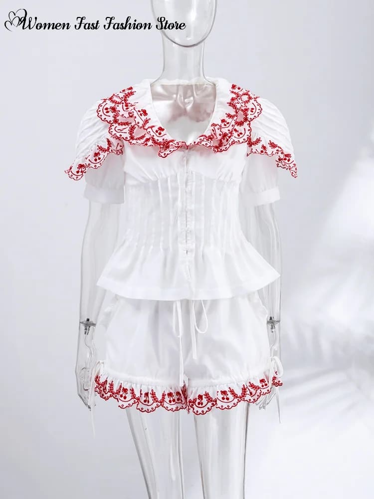 Slim Peter Pan Collar Women's Shirt Shorts Set Sweet Single-breasted Short Sleeve Top Lace-up Short Pants 2026 Summer New Outfit